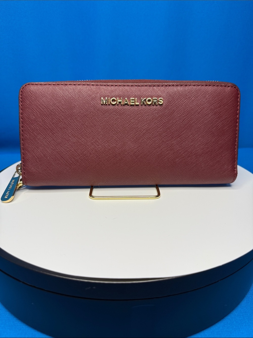 MICHAEL KORS LARGE JET SET CONTINENTAL SAFFIANO LEATHER TRAVEL WALLET BURGANDY